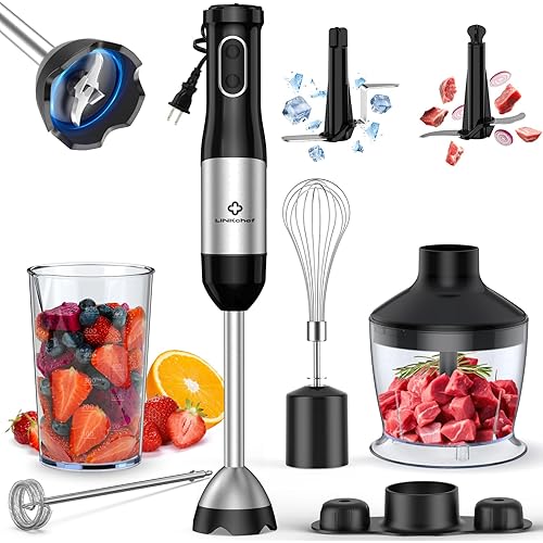 LINKChef 7 in 1 Immersion Blender Scratch Resistant, 2 Titanium Steel Blades 800W Hand Blender, 20 Speed and Turbo Mode Stick Blender Immersion with Whisk, Milk Frother, Food Processor, Beaker