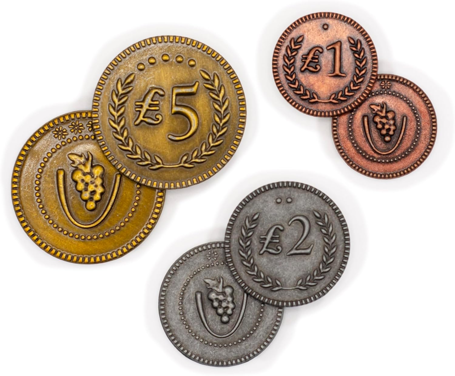 Stonemaier Games: Metal Lira Coins (Viticulture) | Metal Coins to Enhance Your Gameplay | 72 Coins with Unique Colors and Sides for Each Denomination - Values Include 1, 2, and, 5