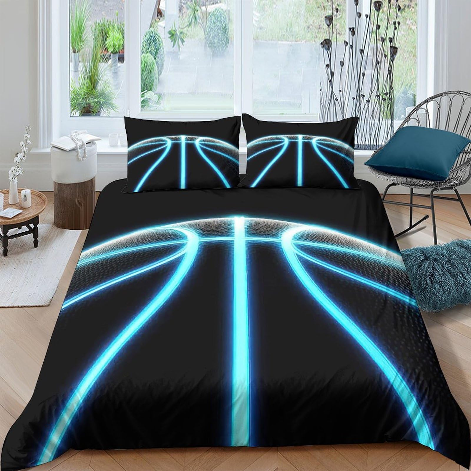 GPLZQXKJNH 3D Printed Neon Basketball Duvet Cover Microfiber Soft Breathable Glowing Lines Bedding Set with 2 Pillowcases for Bedroom Decor Single（135x200cm）