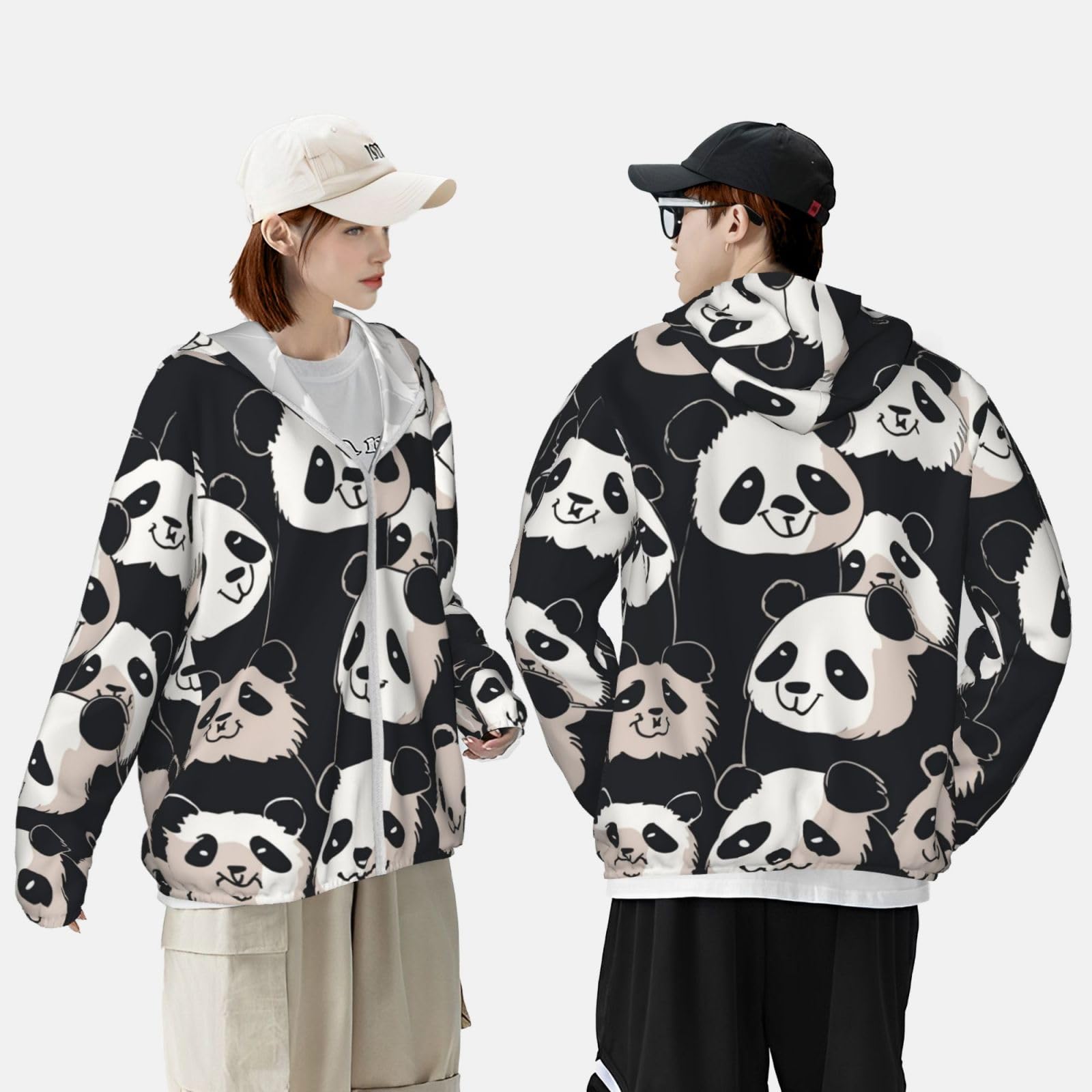 NONHAI Men's Sun Protection Jacket UPF 50+ Full Zipper Long Sleeve UV Hoodie Shirt Funny Panda Women's Outdoor Jacket Black