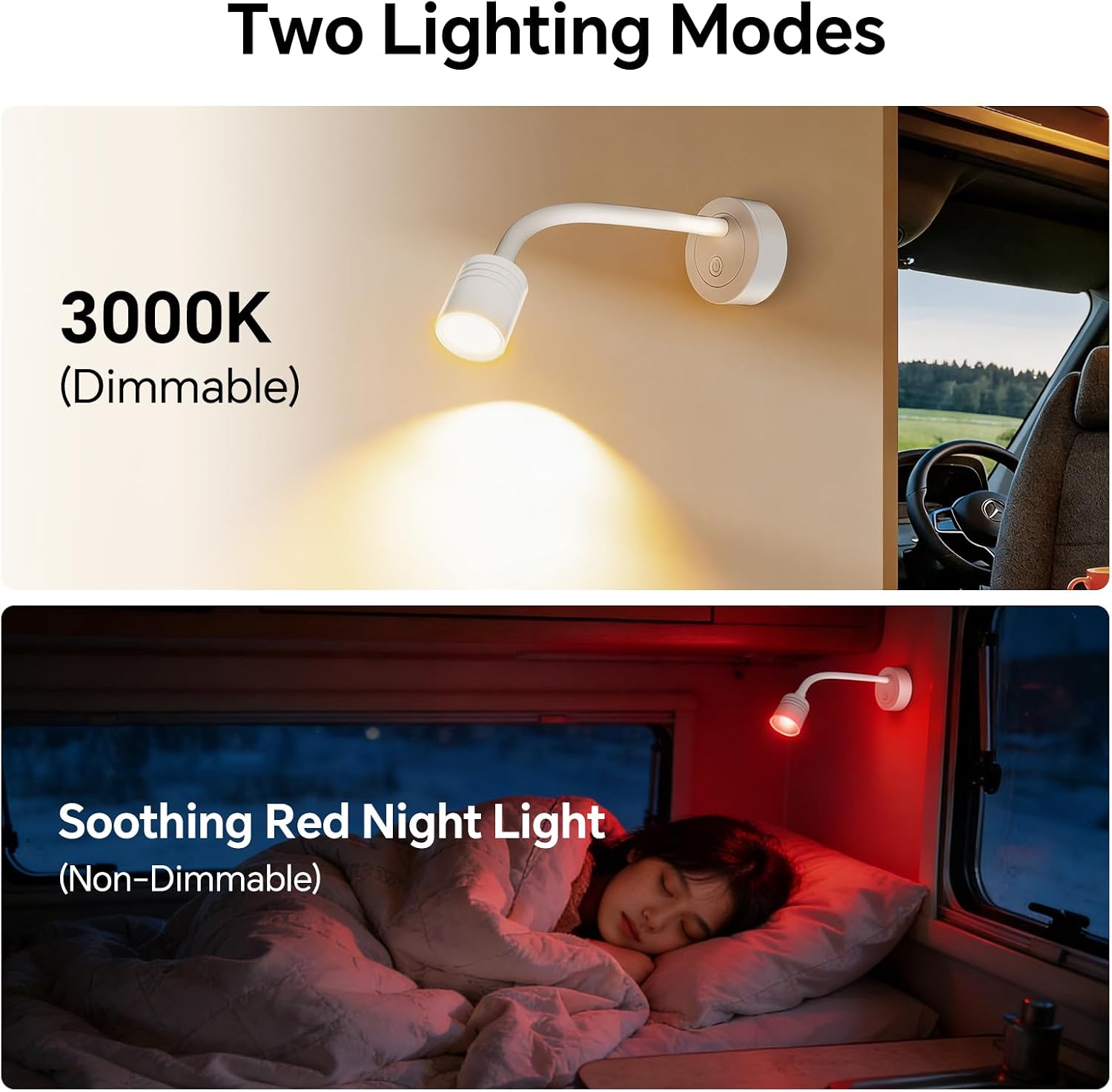 12V Dimmable Reading Light, RV LED Bedside Lamp with PD3.0 USB-C & QC3.0 USB-A Charger, 3200K Warm White & Red Night Light for Camper Van Trailer Truck Boat Motorhome (White)