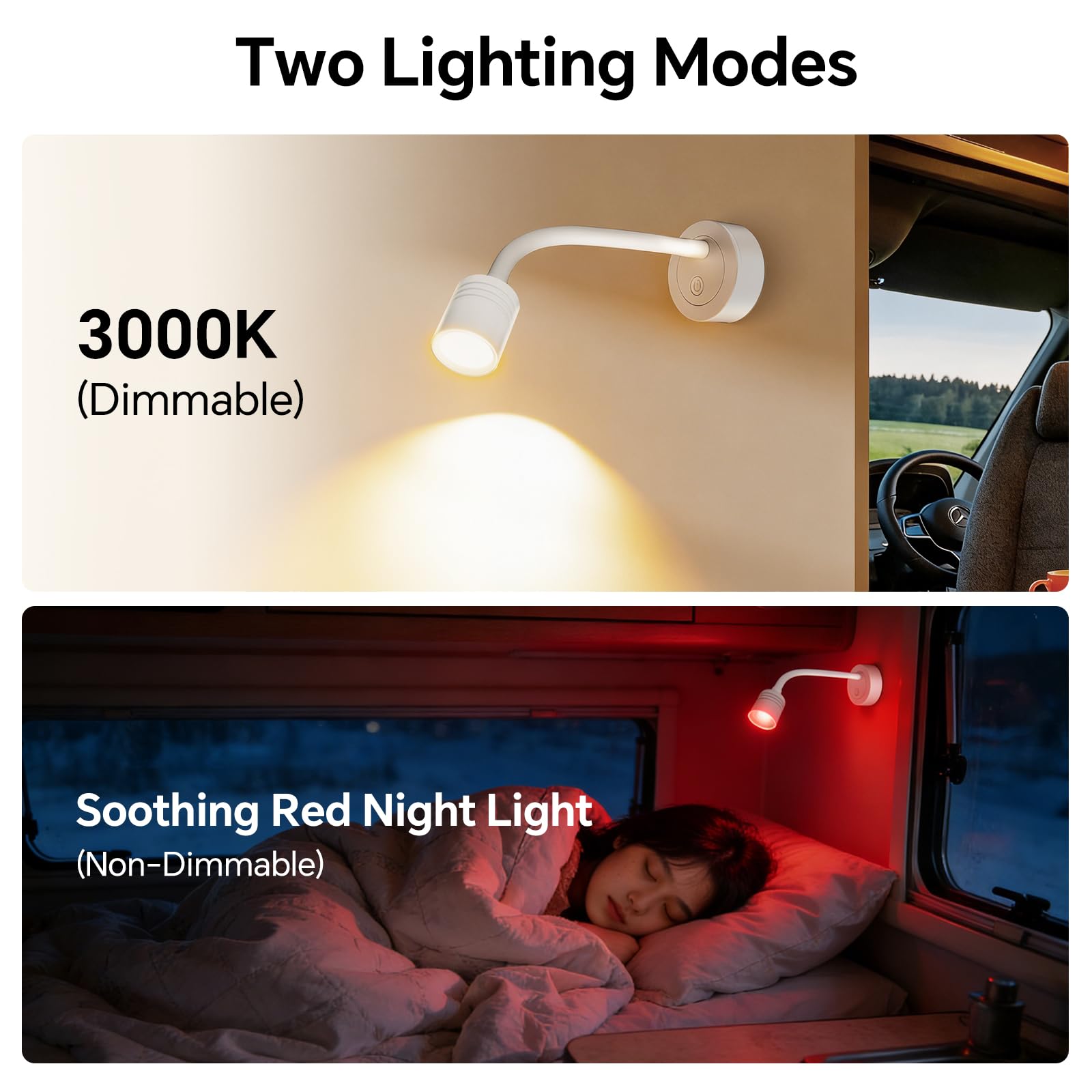 2 x Lampade da Lettura Camper LED 12V, 3200K (Dimmabile) e Luce Notturna Rossa Soffusa, Dotato di Caricabatterie USB-A e USB-C, per Barca Furgone Cabina, Flessibile Collo di Cigno (Bianco)