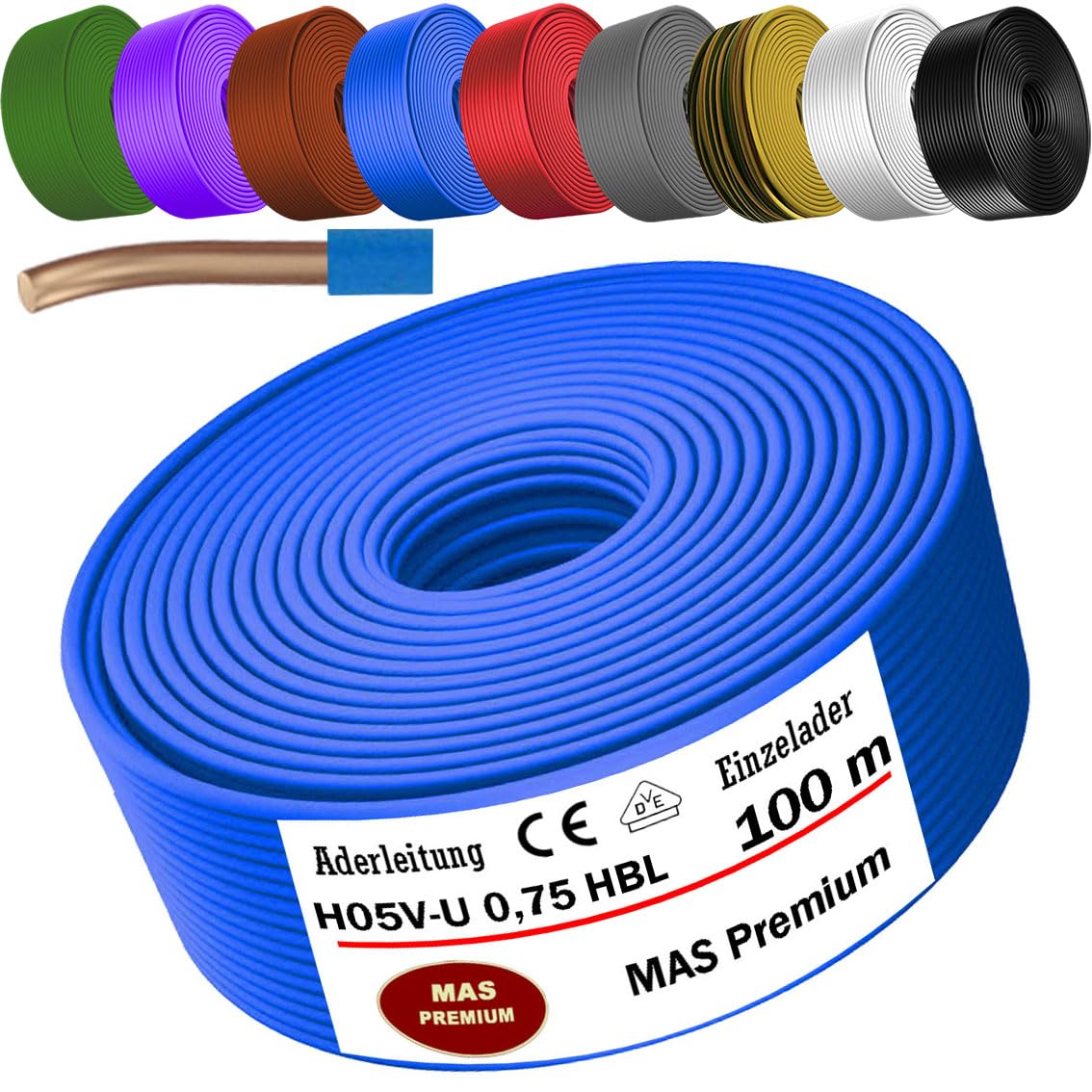 MAS Premium 5 – 100 m cavo cavo rigido H05 V-U 0,5 o 0,75 cavo singolo fisso (H05 V-U 0,75 HBL, 100 m)