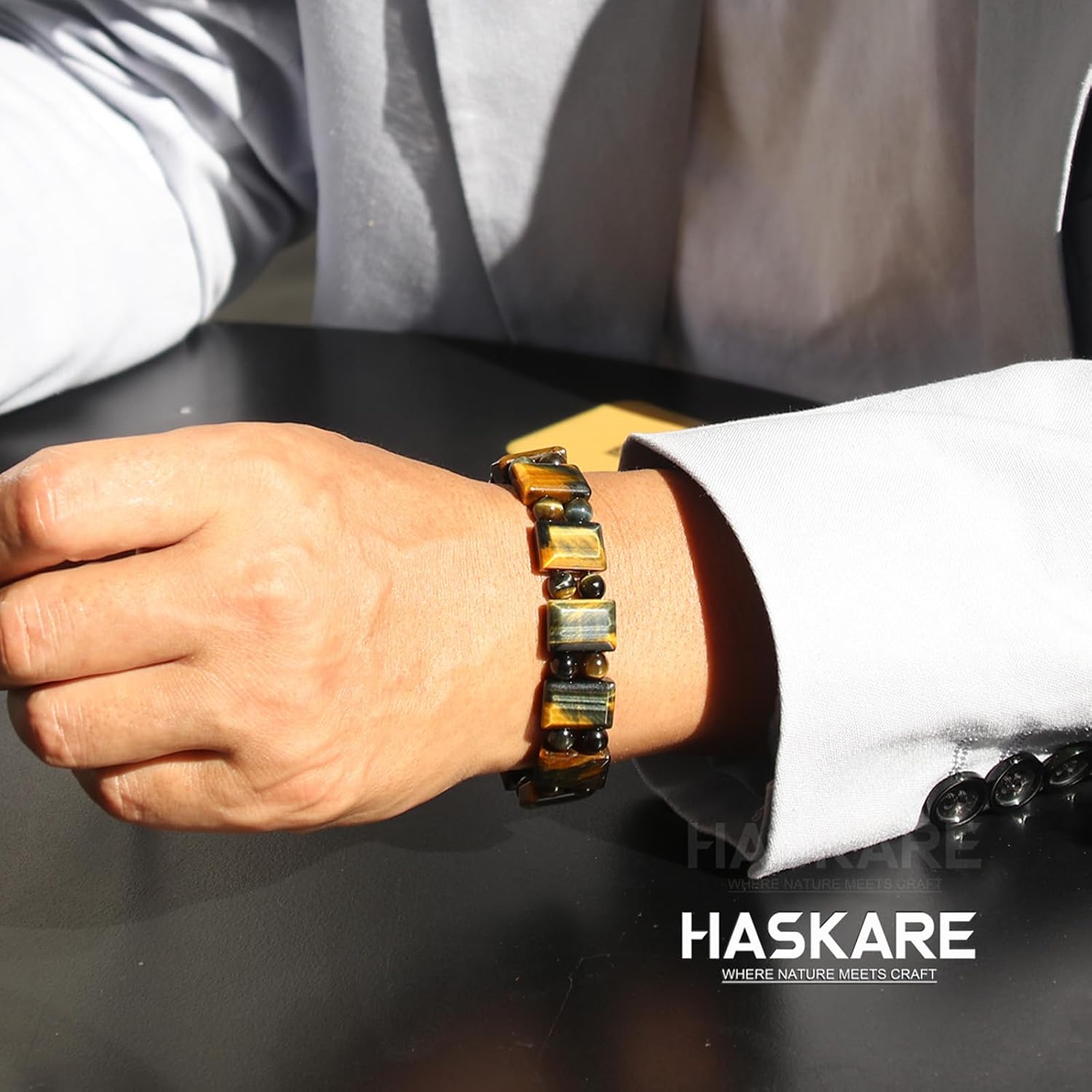 HASKARE Protection Crystals Mens Tiger Eye Bracelet, Natural Stone Men Beads Bracelet with Durable Steel Wire Clasp Gift for Father