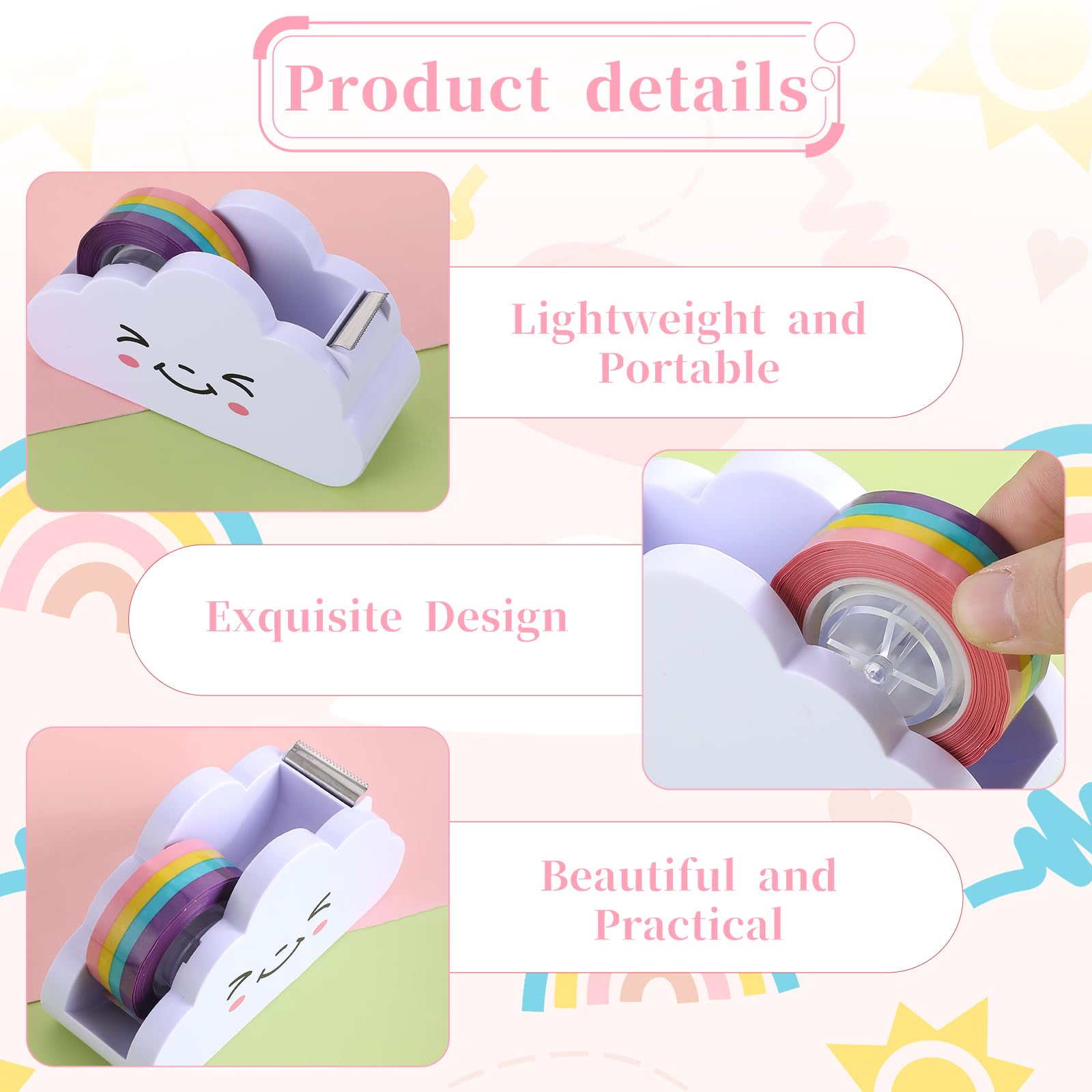 White Cloud Tape Dispenser With Rainbow - 2025 Upgraded Cute Desk Dispenser & Cutter For Home/Office