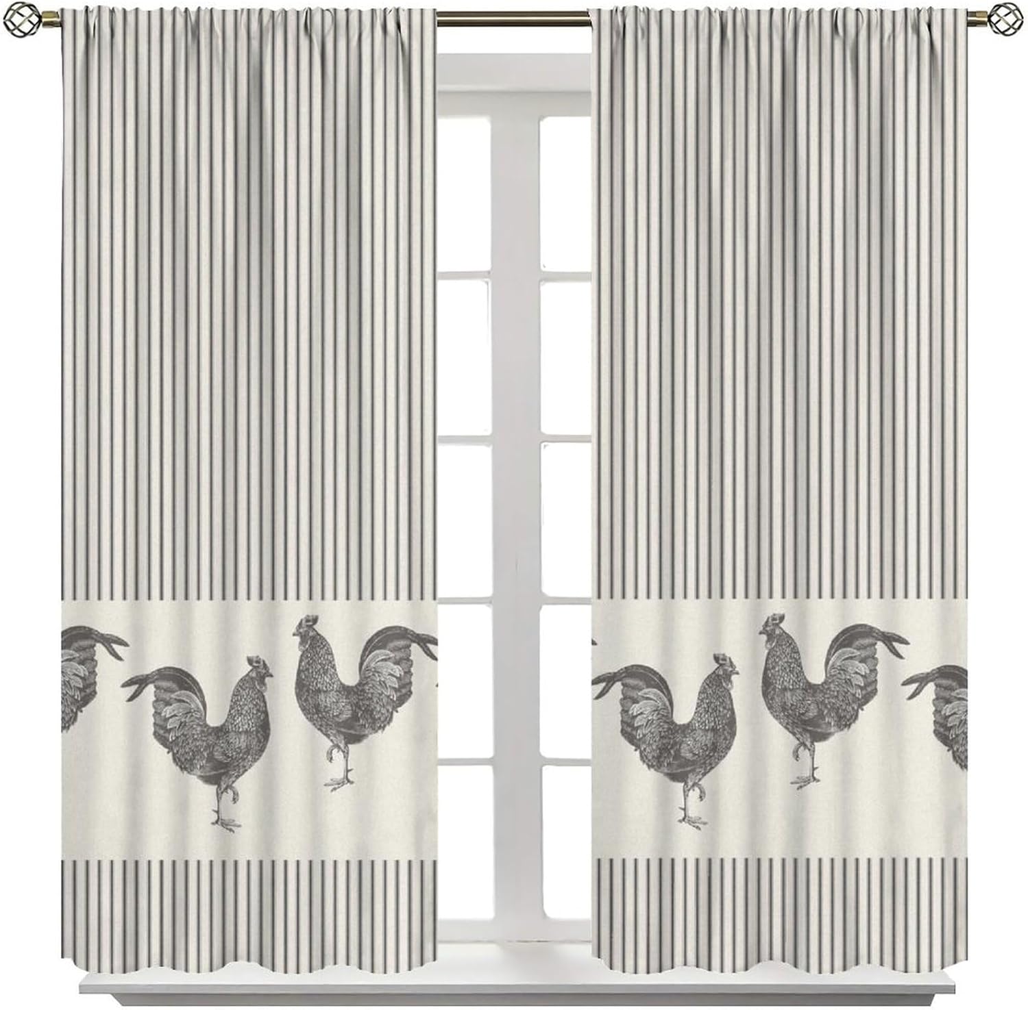 Rooster Blackout Curtains for Kitchen Retro Minimalist Farm Gray Abstract Stripes Farmhouse Animal Rooster Window Treatments for Bedroom Living Room Bathroom 52x84in