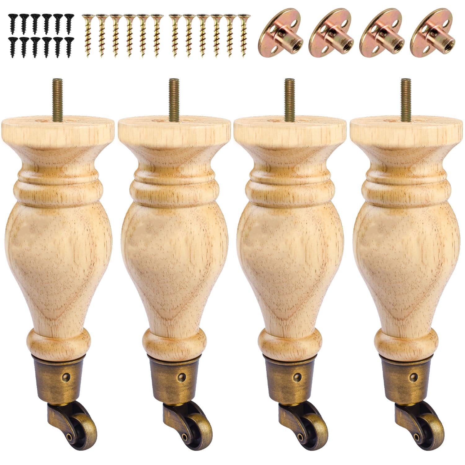 TCHOSUZ 9 inch / 22cm Wooden Furniture Legs with Casters Wheels, Pack of 4 Classic Varnish Solid Wood Round DIY Replacement Bun Feet for DIY Project Sofa Couch Cabinet Ottoman Bed Riser