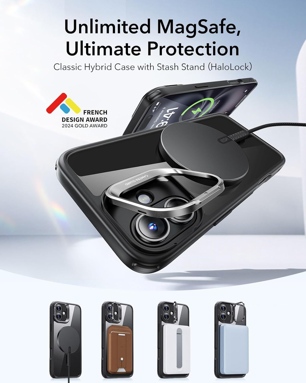 ESR for iPhone 16 Plus Case, Compatible with MagSafe, Military-Grade Protective Case, Built-in Stash Stand Phone Case, Scratch-Resistant Back Cover, Classic Series, Clear Black - Image 3