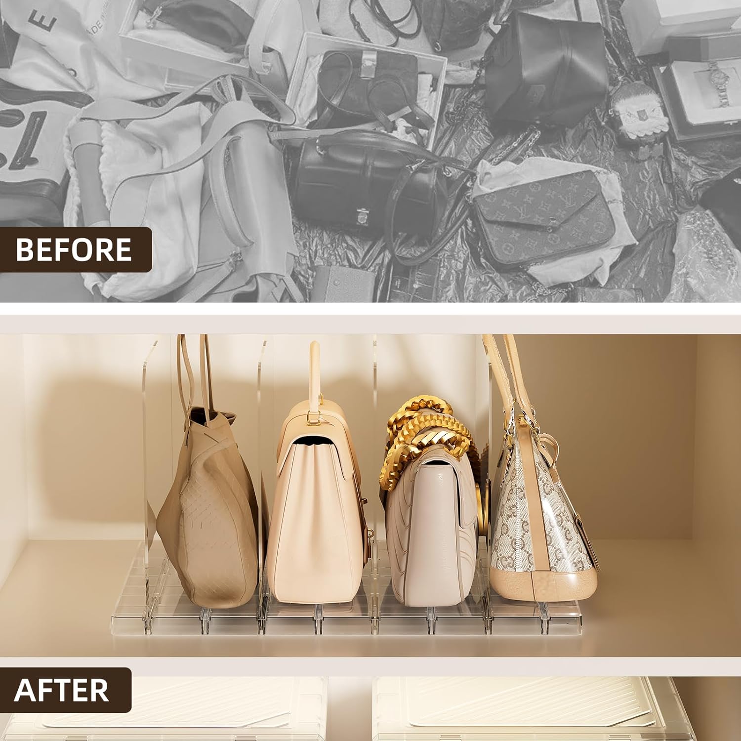 JOYZAN Adjustable Purse Organizer for Closet, Clear Acrylic Shelf Dividers 1 Pack+4 Pack