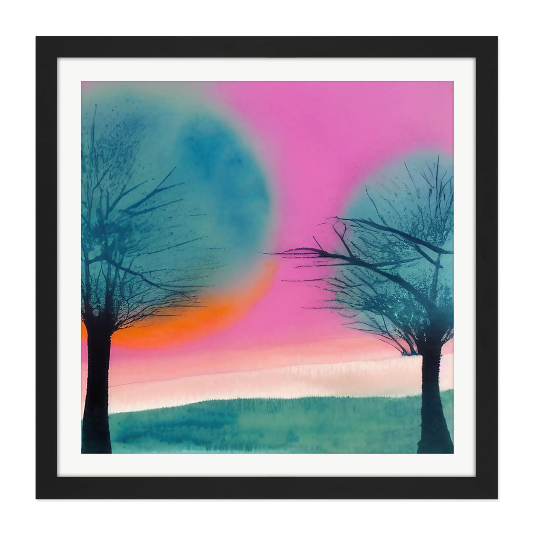 Wee Blue Coo Sunset Tree Silhouette Landscape Modern Abstract Pastel Pink Teal Orange Watercolour Painting Square Wooden Framed Wall Art Print Picture 16X16 Inch