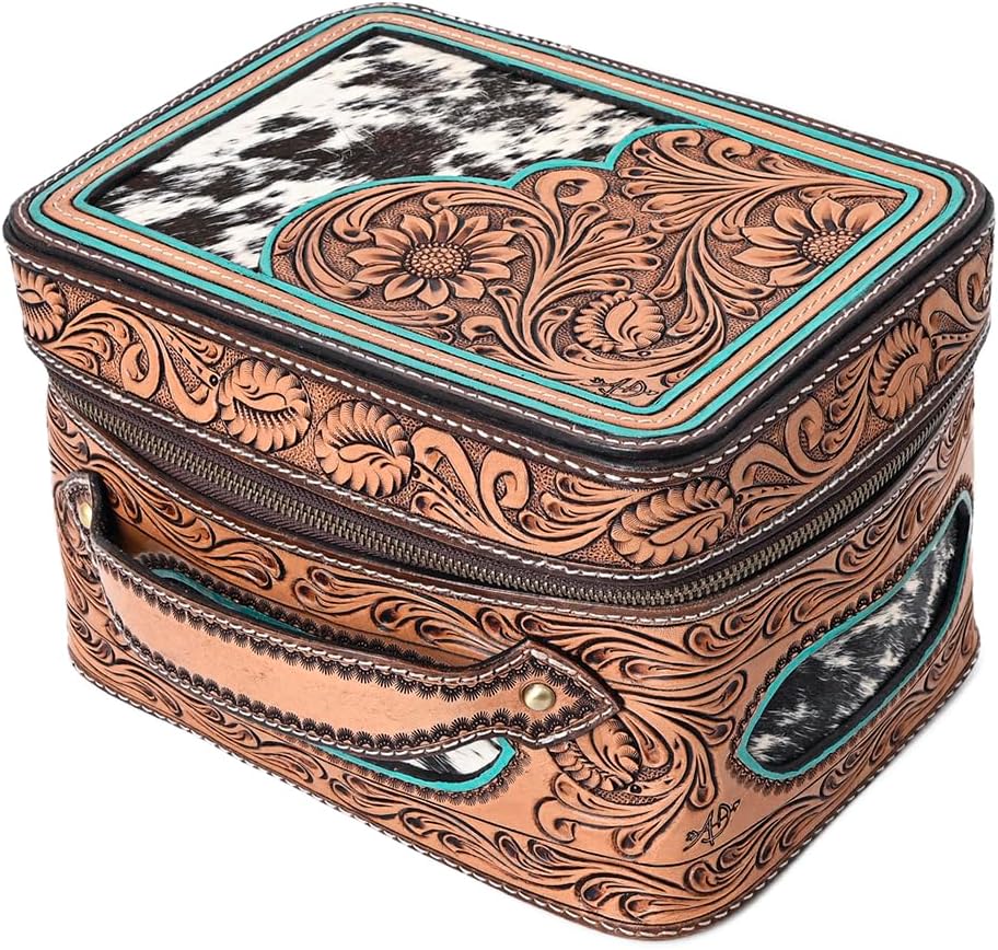 American Darling Genuine Leather Jewelry Case Hair-On Cowhide Floral Hand Tooled Organizer YKK Zipper Full Grain
