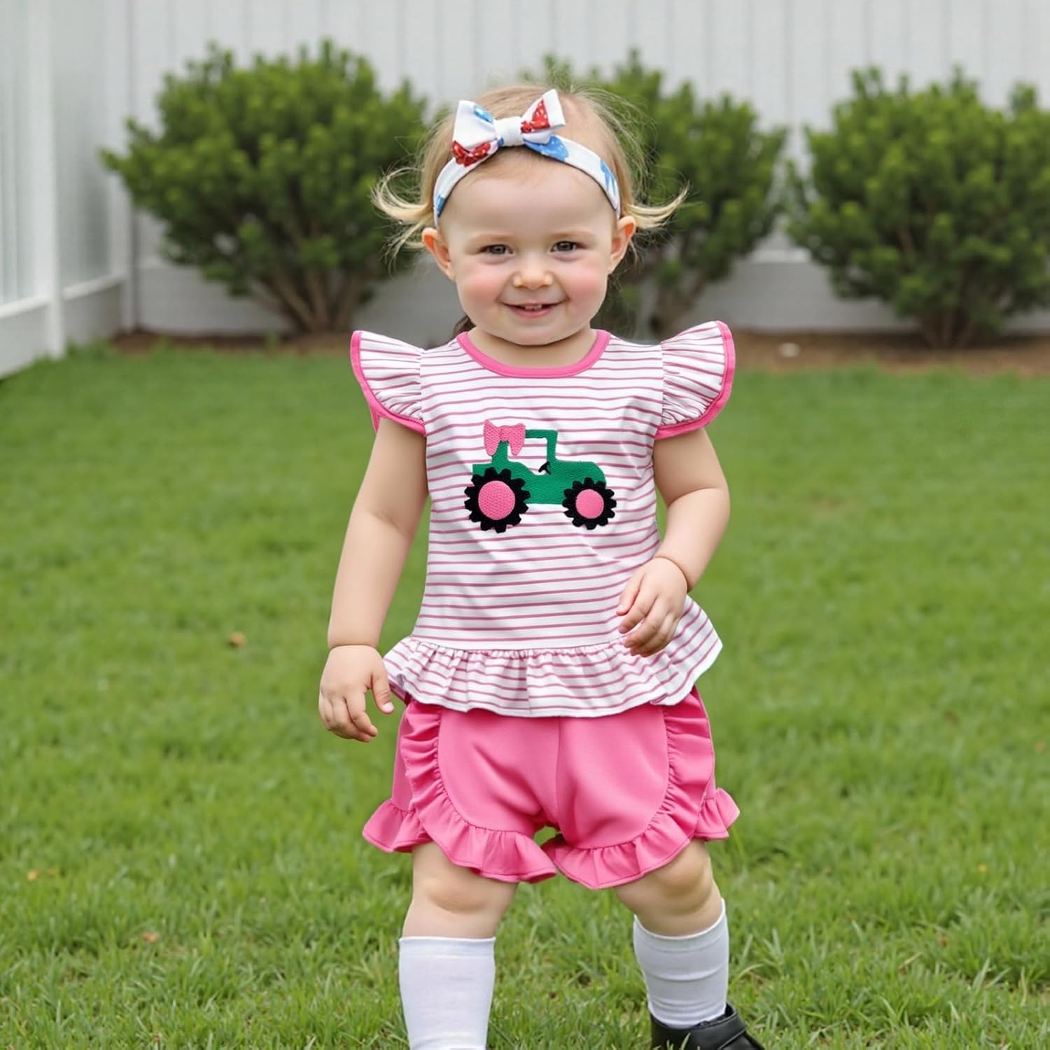Toddler Baby Girl Farm Outfit Tractor Embroidery Stripe Flutter Sleeve Shirt Tops Ruffle Shorts Set Summer Clothes - Image 4