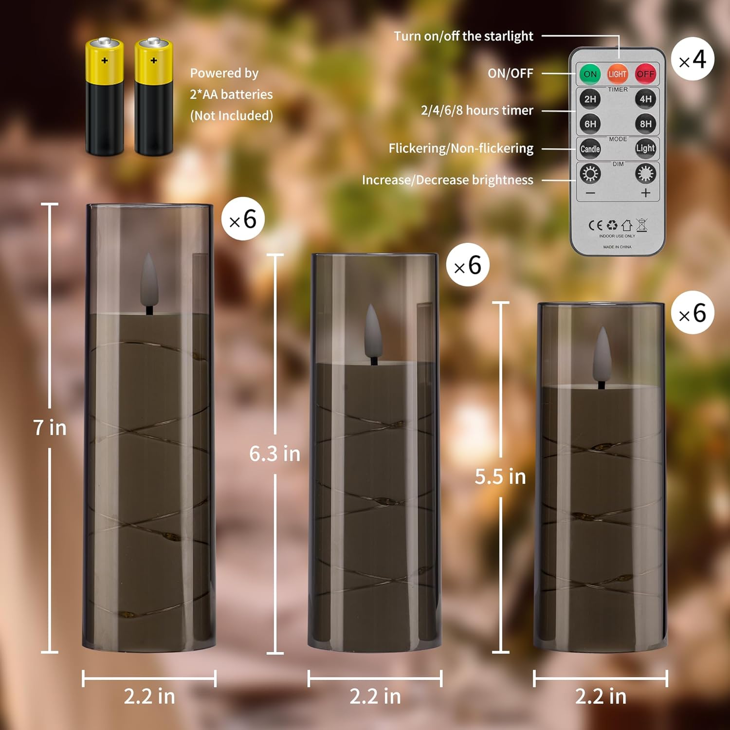 Diagram showing candle dimensions, battery installation, and remote control functions
