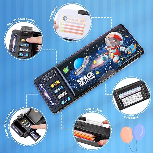 Miniatura 3 de Paquete de 2 estuche multifunción desplegable para niñas y niños, lindo organizador de dibujos animados con cerradura, sacapuntas, horario, pizarra