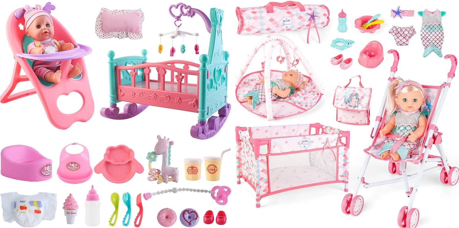deAO 12” Baby Doll Play Set with Crib, Stroller , High Chair Feeding Accessories, Interactive Dolls for Girls Kids Pretend Play Baby Dolls 35 PCS