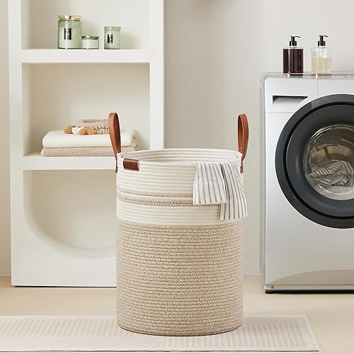 Miniatura 7 de VIPOSCO Cesta alta para ropa sucia, cesta grande para ropa sucia con mango de cuero, cesta de almacenamiento de cuerda tejida para manta, juguete en