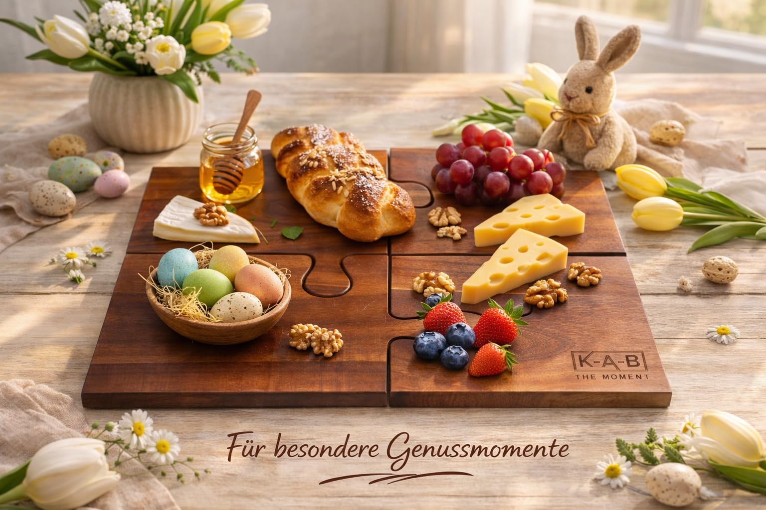 Puzzle Servierbrett 4-teilig aus Akazienholz – Rustikales Frühstücksbrett, Käsebrett & Schneidebrett | Nachhaltiges Holzbrett Set | Geschenkidee für Küche & Abendbrot