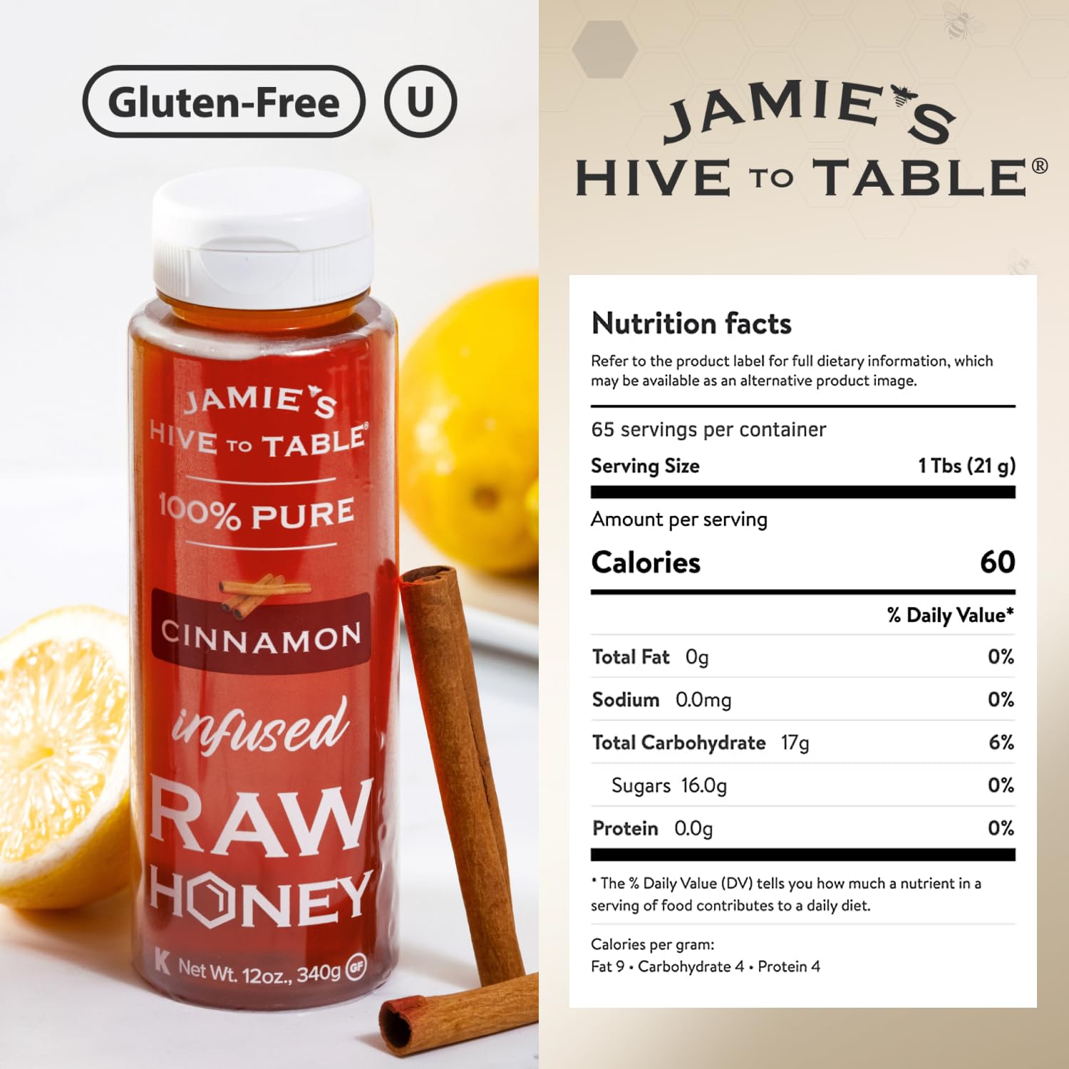 Jamie's Hive to Table Cinnamon Flavored Honey, 12 Oz – 100% Raw & Unfiltered Honey with a Warm & Spiced Flavor – Perfect for Coffee, Smoothies & Desserts image 2