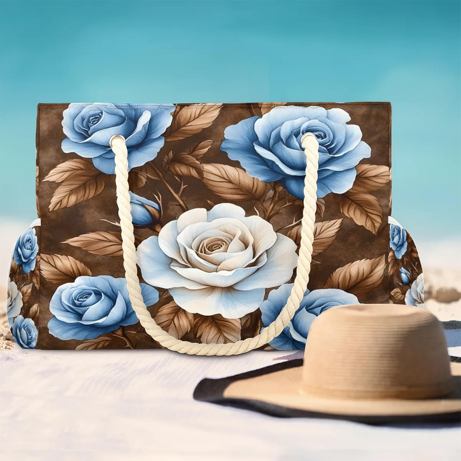 Blue and Brown Beach Tote Bags for Women with Zipper Floral Large Pool Bags for Swimming Travel Gym