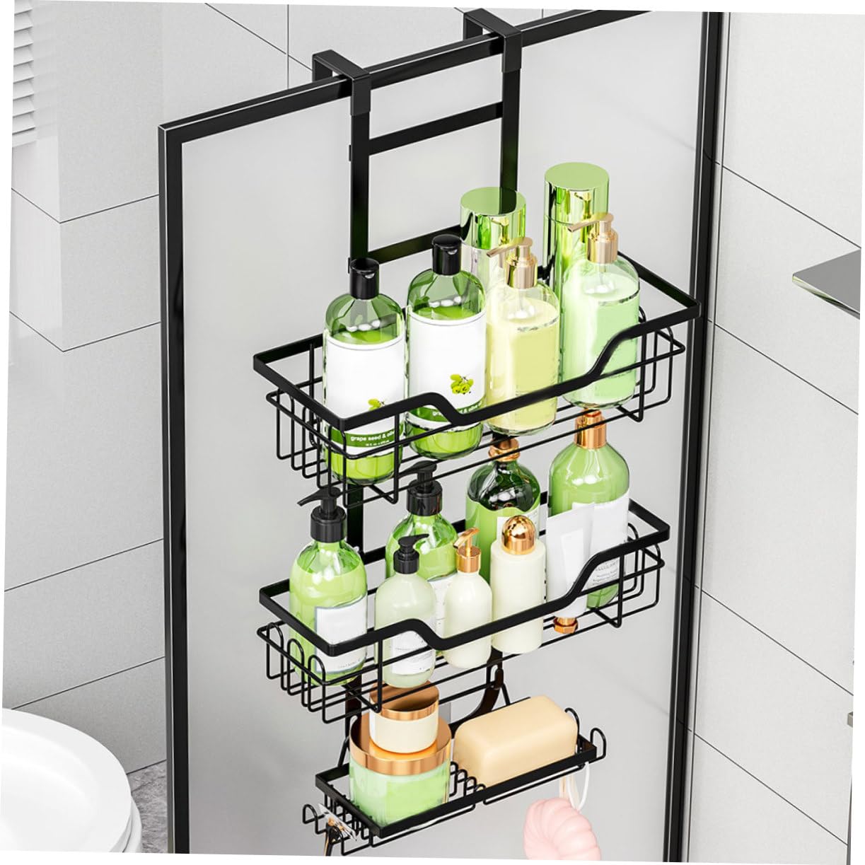 Abaodam 3nivel Estantes de Baño Colgantes sobre Puerta Perforaciones Estante de Almacenamiento de Metal Negro para Ducha