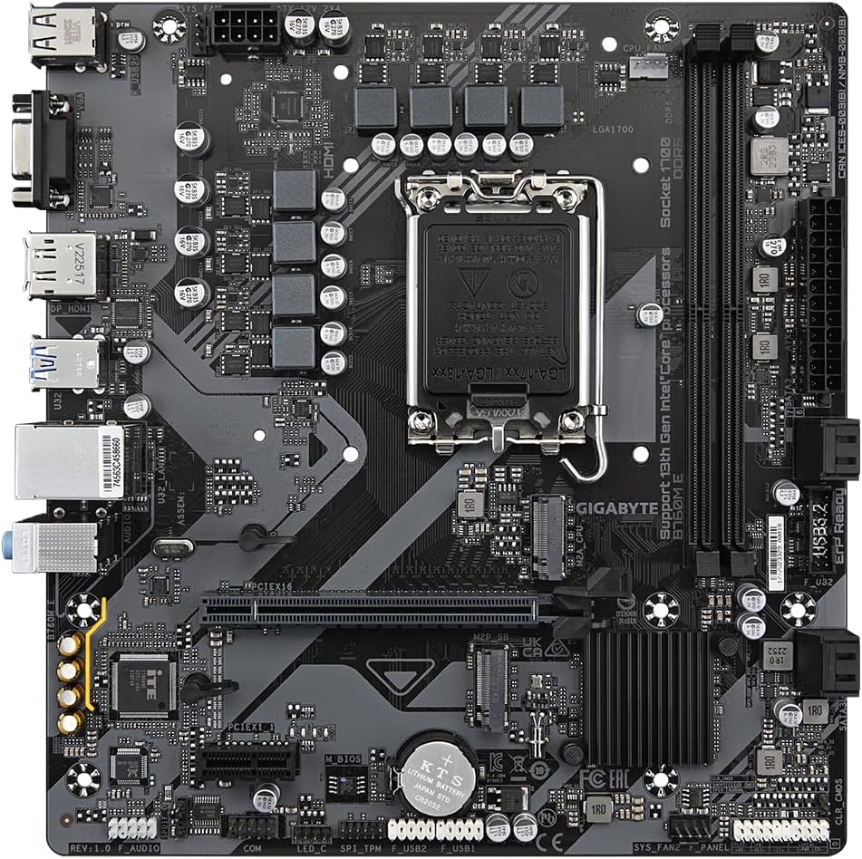 GIGABYTE B760M E Motherboard - Supports 14th Gen. Intel Core CPUs, 6+1+1 Phases VRM, up to 7200MHz DDR5 (OC), 2xPCIe 4.0 M.2, 1 GbE LAN, USB 3.2 Gen 1