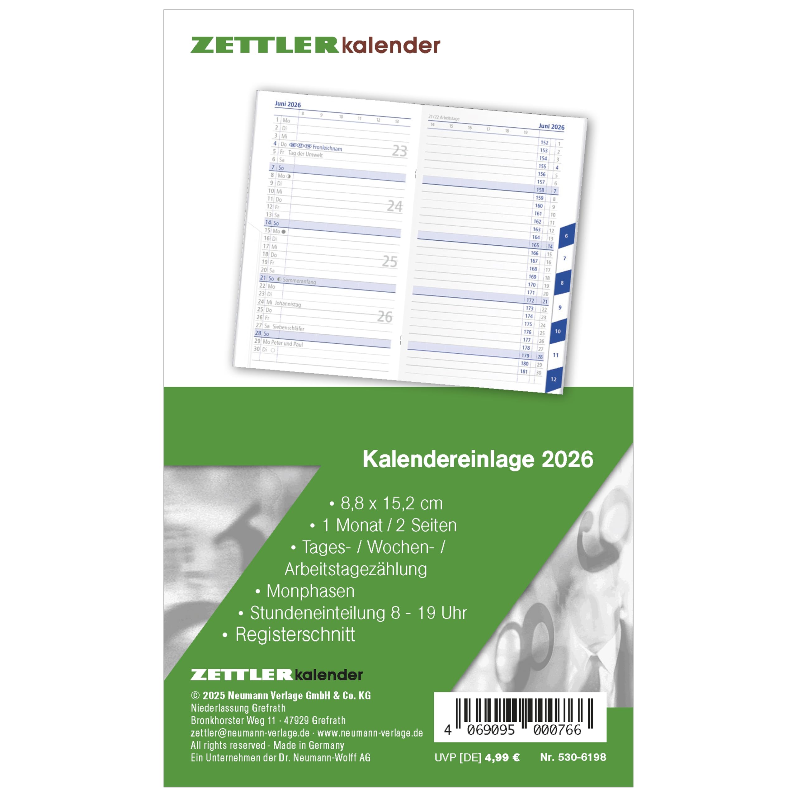 Zettler Kalenderersatzeinlage TP 1M/2S Registerschnitt 2026 – Ersatzkalendarium 9 × 15 cm für Taschenplaner Typ 530, 16 Blatt, 1 Monat auf 2 Seiten, Stundeneinteilung 8–19 Uhr, FSC