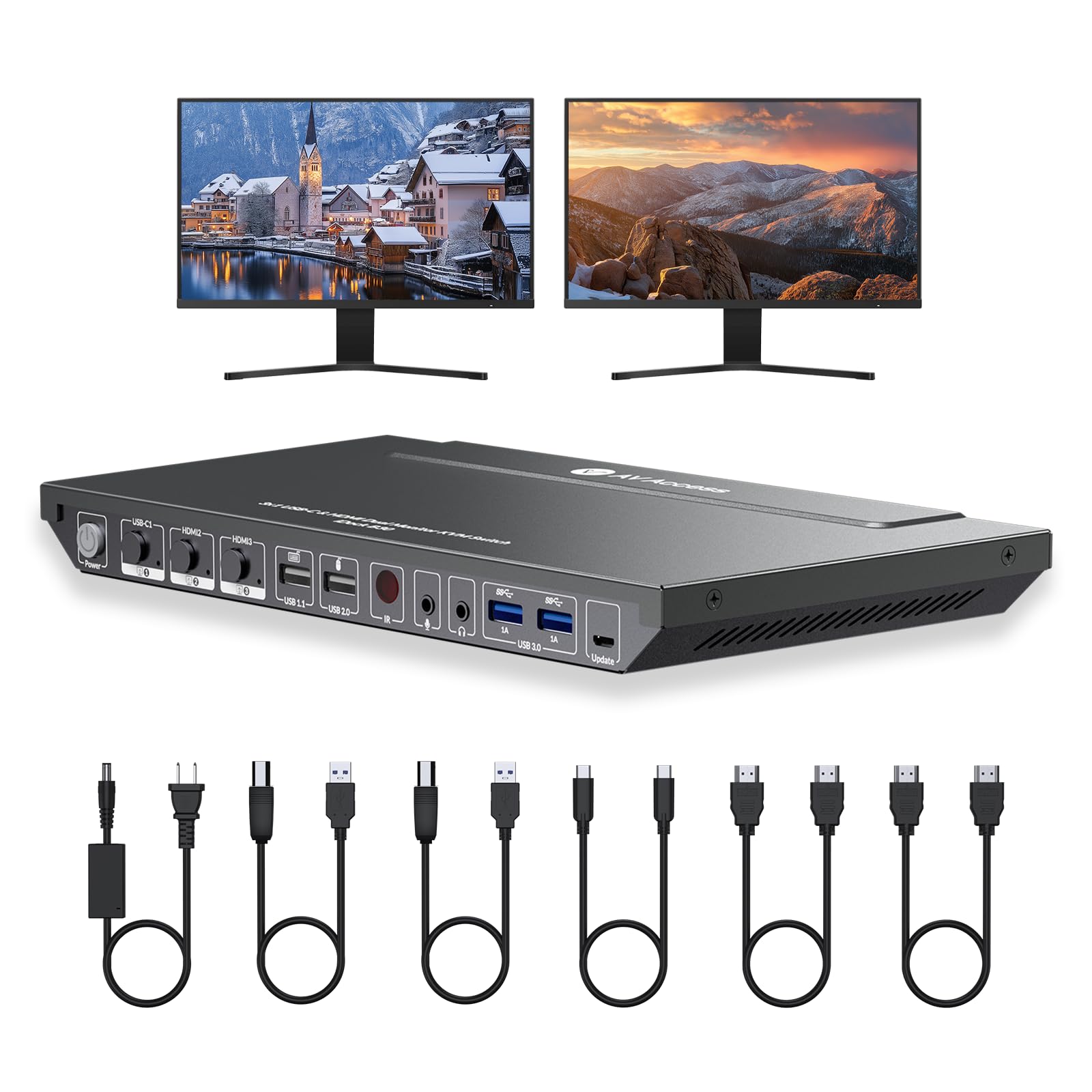 AV Access KVM Switch Dock 3 Computers 2 Monitors, 4K HDMI KVM Switch Dual Monitor, Type-C 65W Charging for Laptop, Ethernet, EDID, Hotkey Switch, USB-C MST Dual 4K@60Hz, 1080P@240Hz, 2K@144Hz, USB 3.0