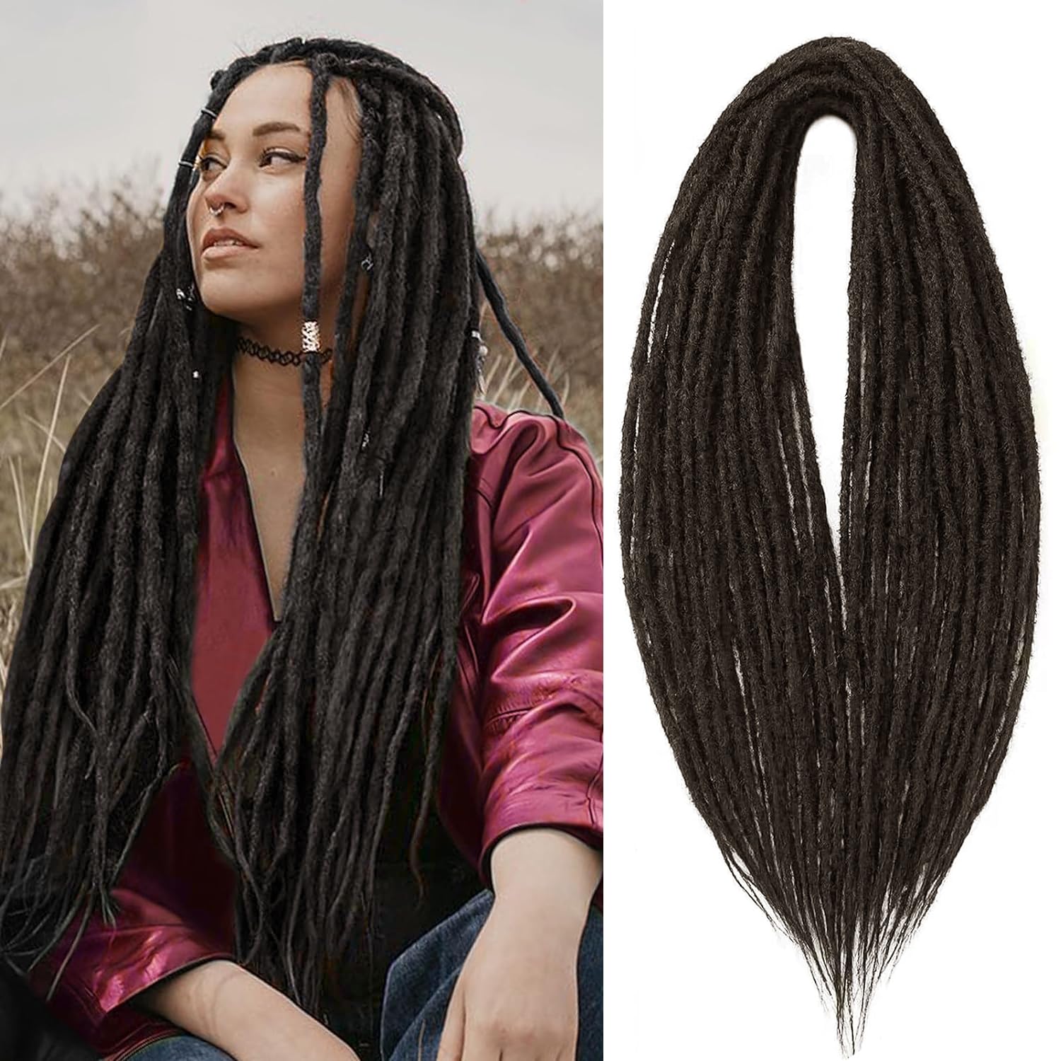 PORSMEER 10 Strands/Pack Dark Brown Synthetic Dreadlocks Extensions,Handmade Hippie Dreadlock 0.6 Width Soft Dreads Hair Reggae Style Locs Crochet Braiding Hair for Women or Mens,18 inch