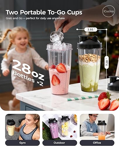 Miniatura 5 de iCucina - Licuadora personal para cocina con tecnología de pulso, perfecta para batidos, licuados de frutas, bebidas congeladas, 500 W, tazas de
