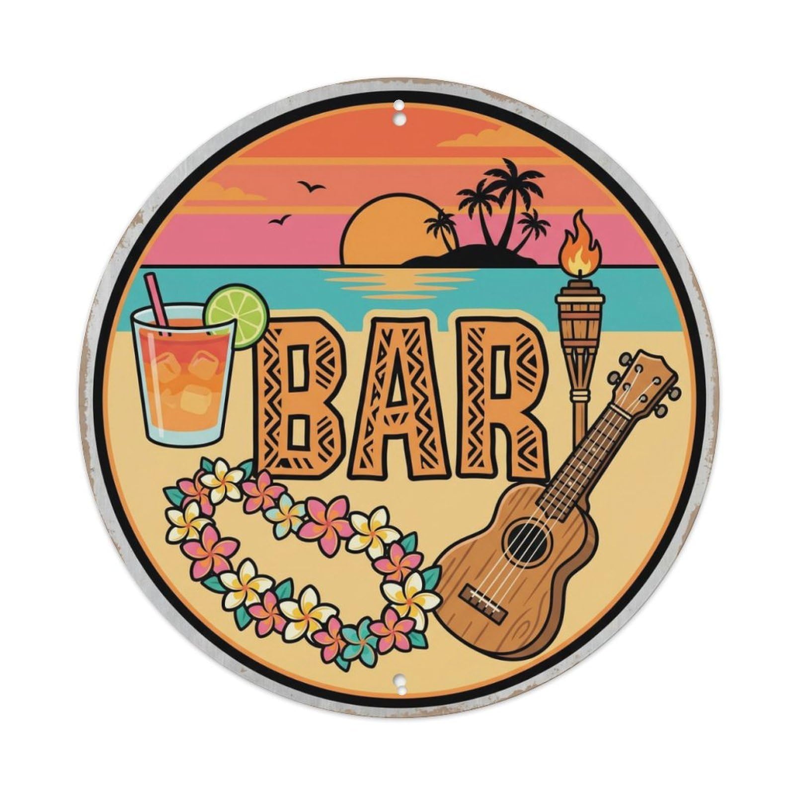 BAR Tropical Luau Emblem Metal Tin Sign Plaque Wall Decor for Cafe, Club Bar, Office, Home Garden Round Metal Poster 8x8Inch