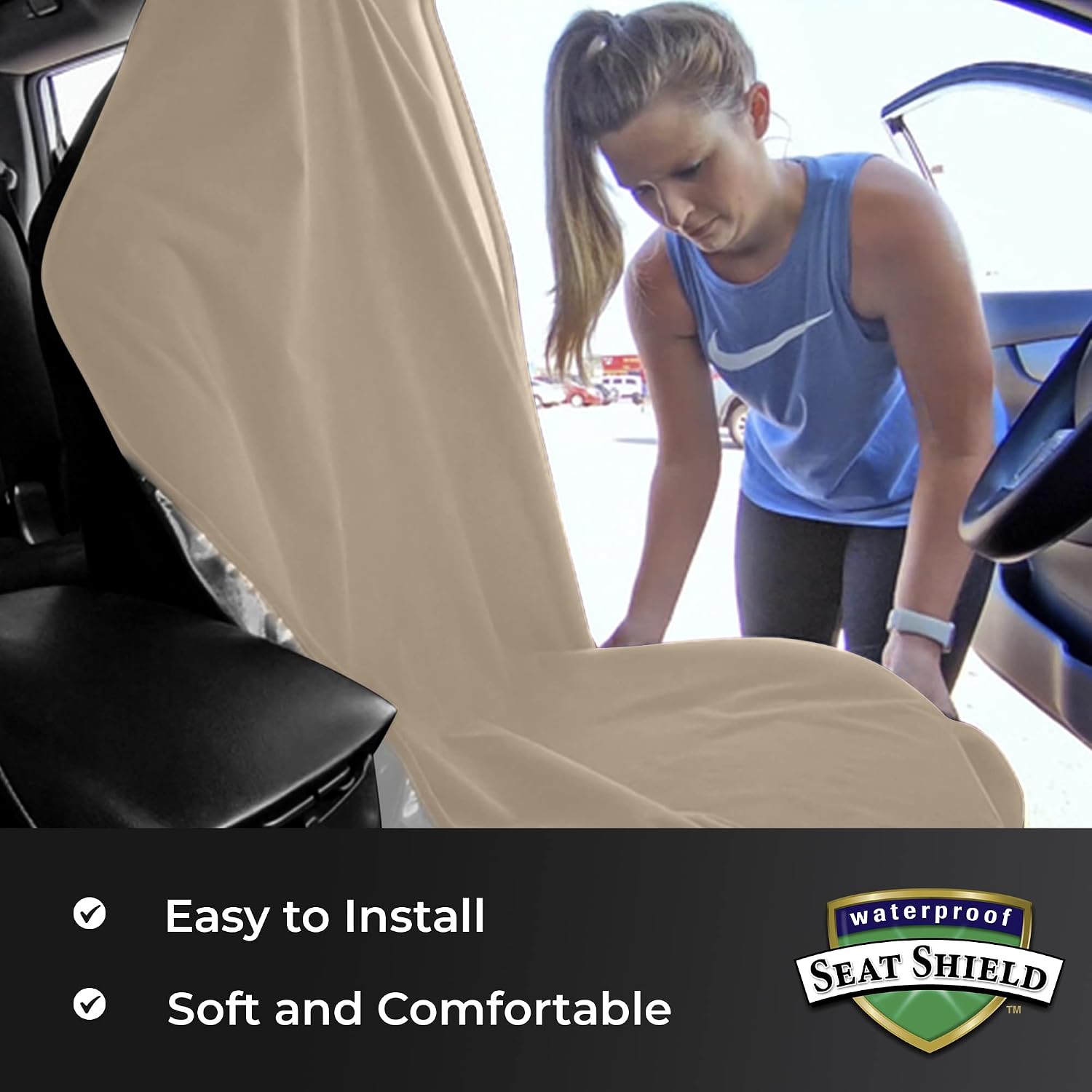 EliteSport Front Seat Cover and Seatbelt Cover - Tan Car Seat Towel and 20in Car Seat Belt Cover for All Vehicles - Seat Belt Cushion for Women, Men, Kids from Sweat, Food, Dirt