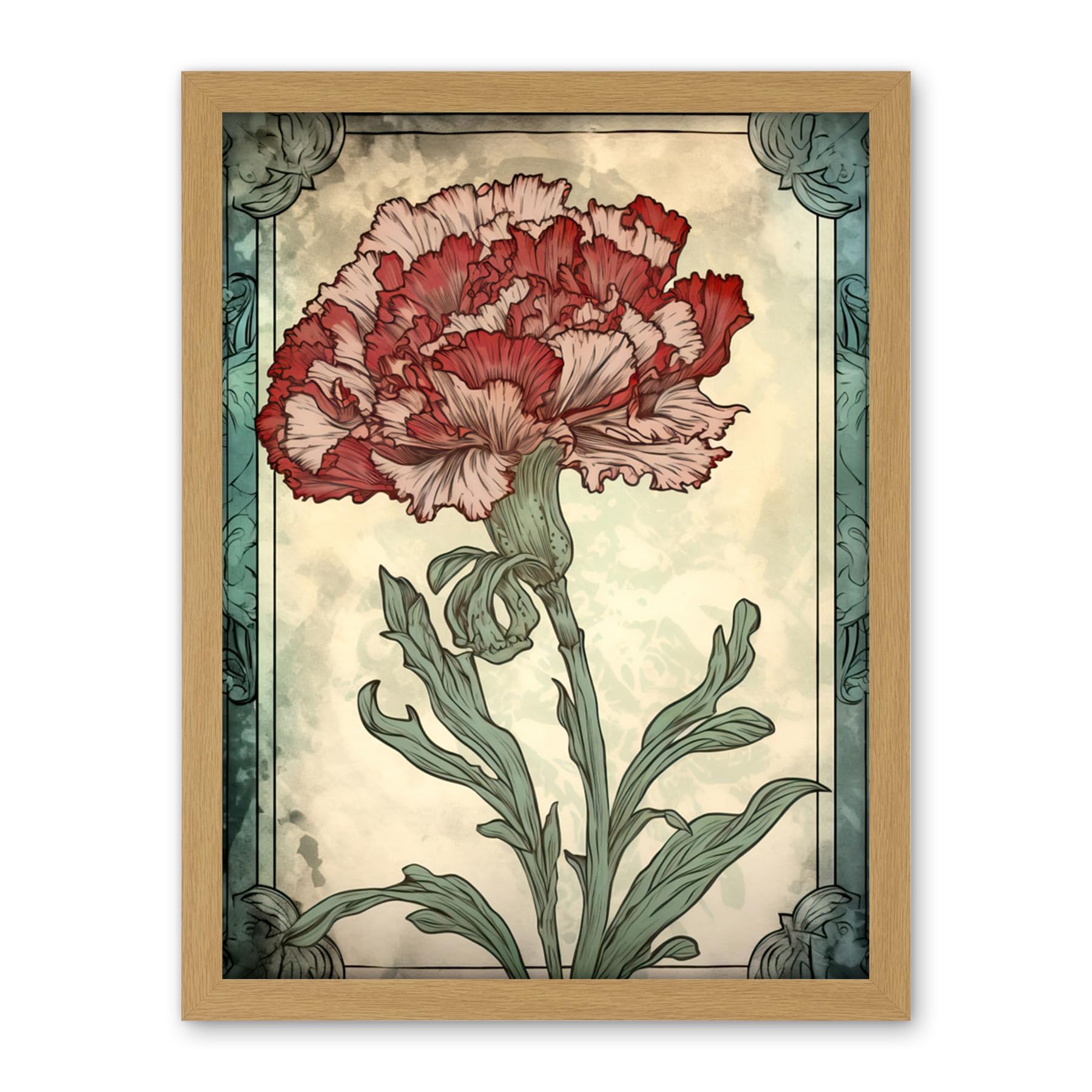Artery8 Red Carnation Flower Bloom Watercolour Art Nouveau Artwork Framed Wall Art Print 18X24 Inch