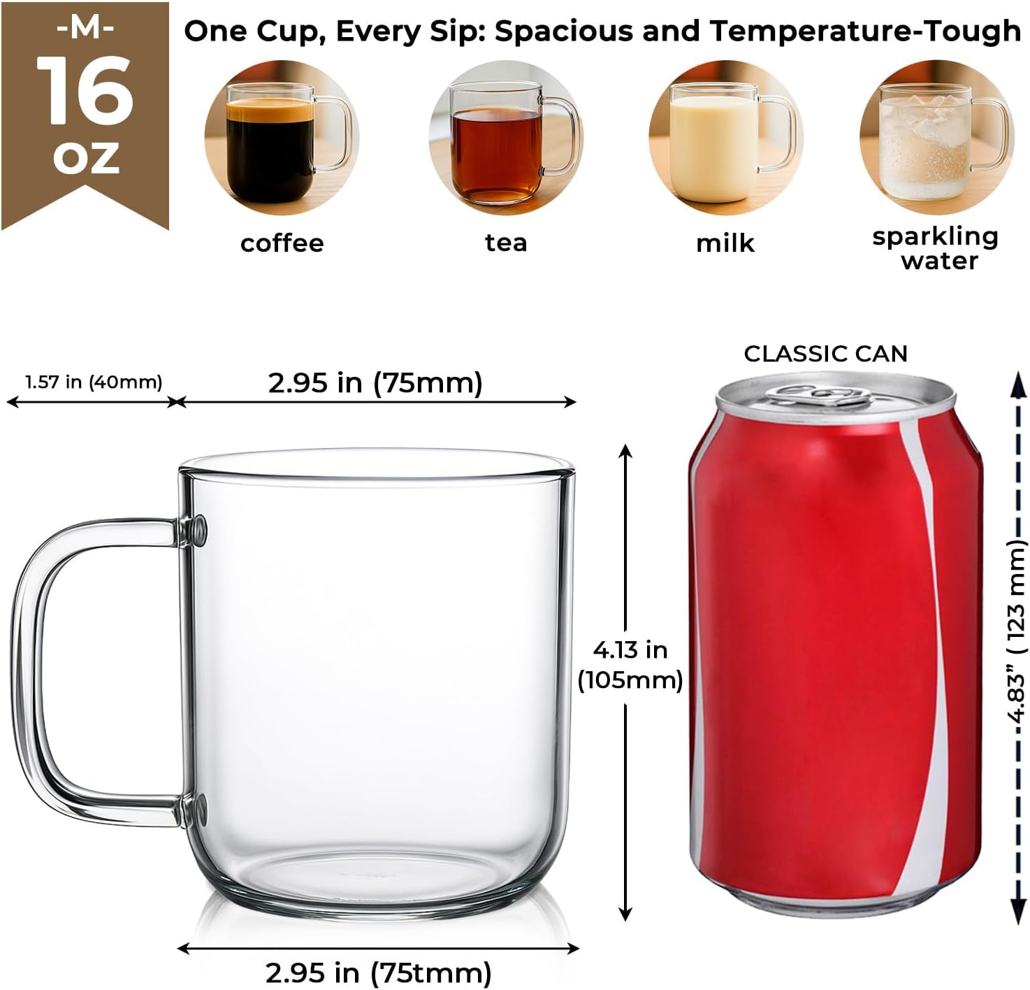 Aquach 16oz Glass Coffee Mugs Set of 2, Large Clear Borosilicate Cups image 5