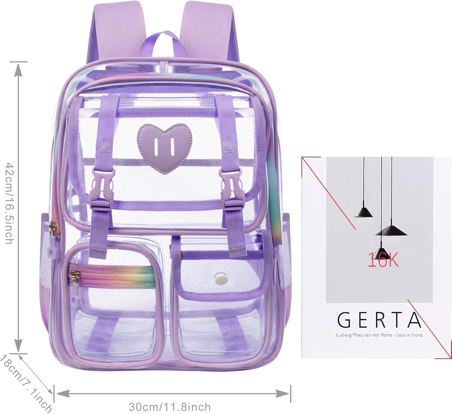 Clear Backpack for Girls Women Heavy Duty Transparent Bookbag School Backpack with Mesh Pockets Stadium Approved See Through Backpack (Purple)