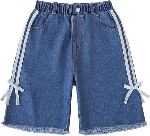 Hilinker Girls Jean Shorts Bow Raw Hem Elastic Waist Summer Cute Bermuda Denim Shorts with Pockets