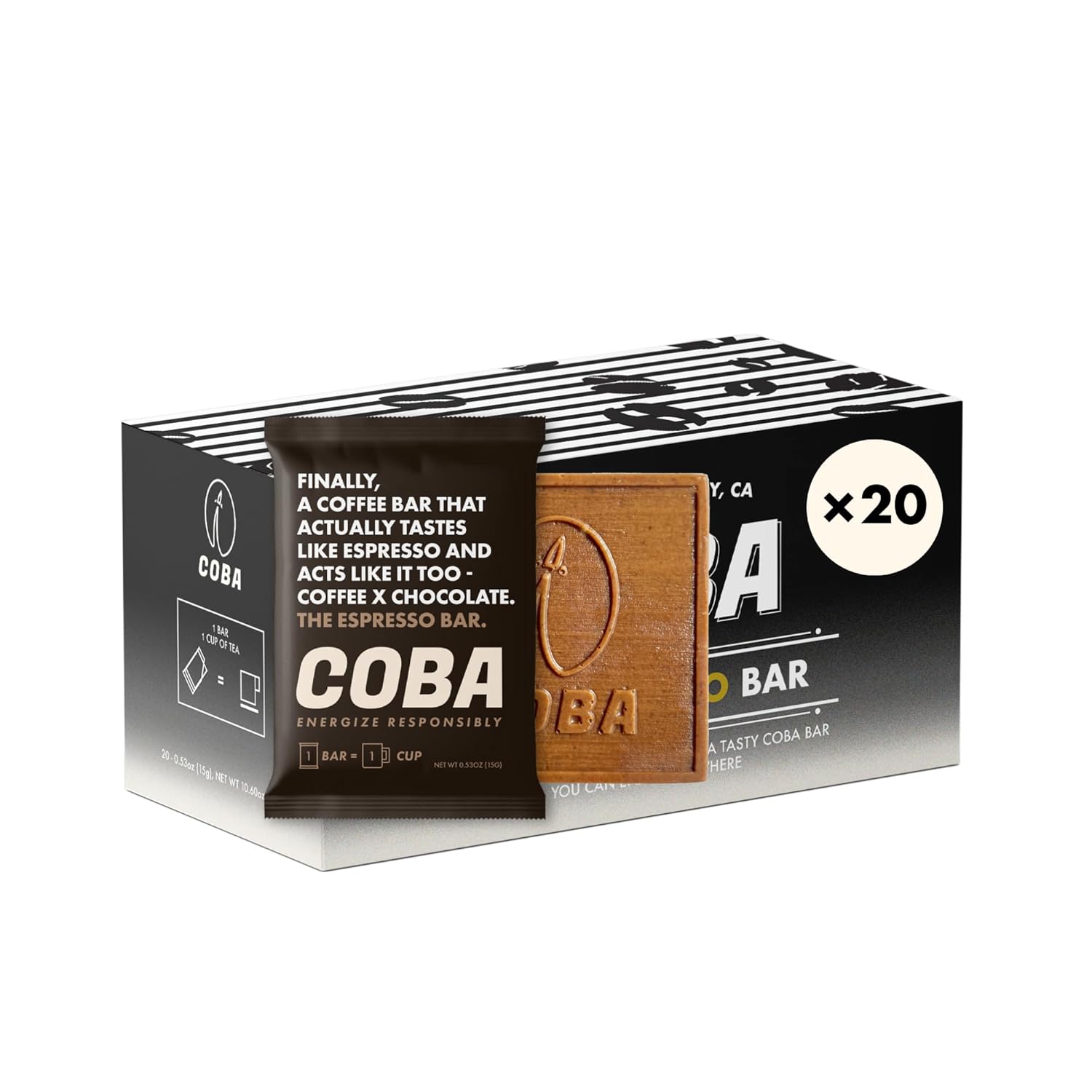 COBA Caffeinated Coffee Chocolate [1 Bar = 1 Espresso] - Energy Boost, Portable, All Natural Caffeine for Gym, Travel, Daily Use - Gluten Free, Non GMO (20 Pack, Espresso)