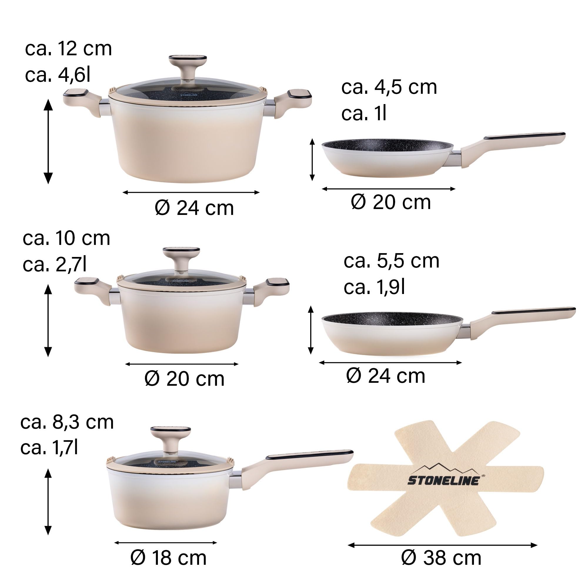 STONELINE Batteria Cucina 11 Pezzi 18/20/24 cm Set Padelle e Pentole con Coperchio, Pentola Padella Induzione Antiaderente con Vere Particelle di Pietra, Tutti i Piani Cottura, Colore: Crema