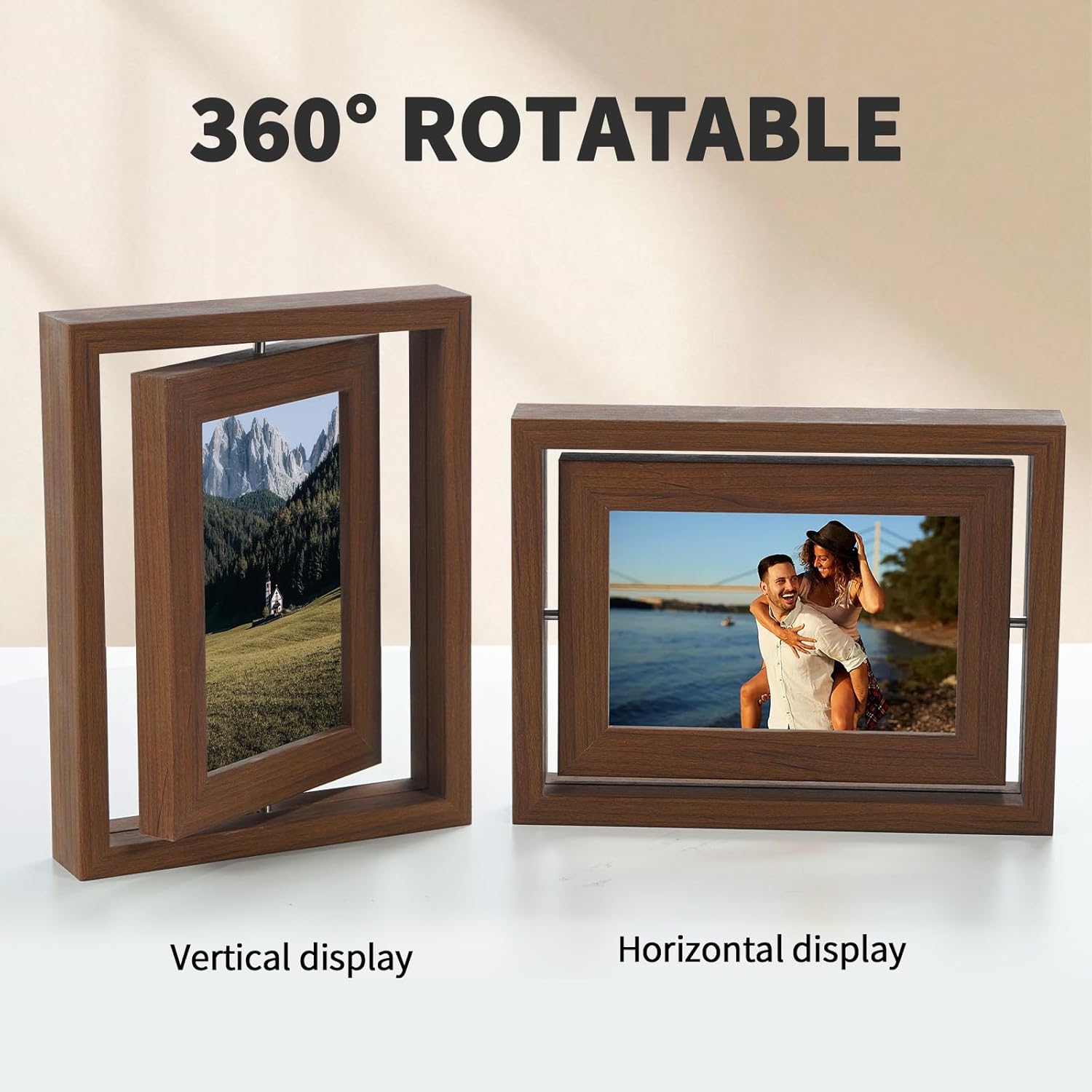 2 Pack 6x8 Rotating Floating Picture Frames, Walnut Wood Floating Photo Frame Double-Sided Display with Crystal Glass for Tabletop, Desk or Shelf