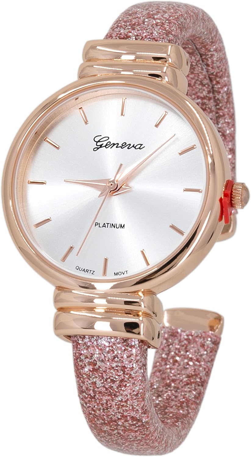 Blekon Collections Women's Analog Quartz 31mm Case Sparkling Glitter Designed Leather Cuff Bangle Ladies Wrist Watch