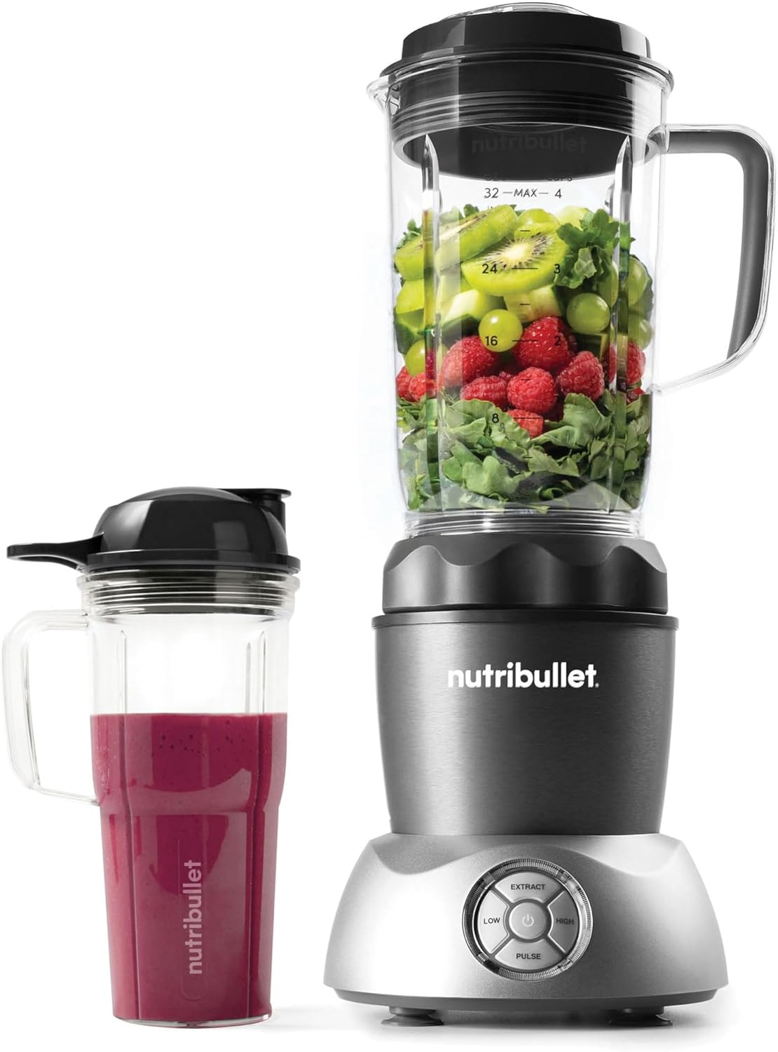 NutriBullet Select 1000 Watt Blender with ingredients inside the pitcher, ready for blending.