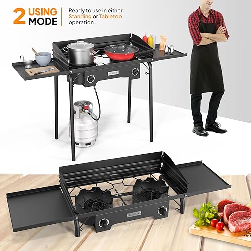 Miniatura 4 de ROVSUN Estufa de camping al aire libre de 2 quemadores con panel de viento y estantes, quemador de propano resistente y resistente, cocina de gas