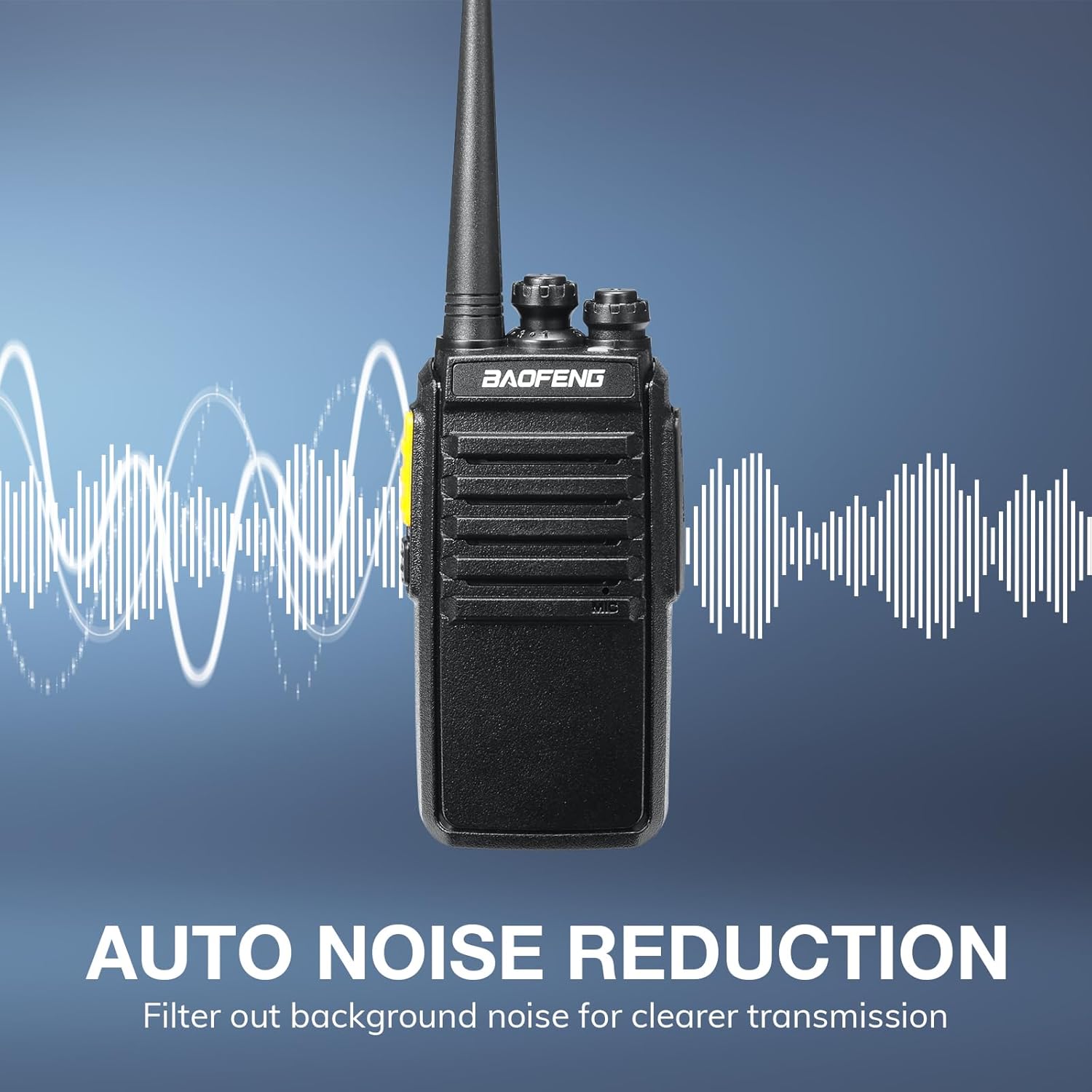 BAOFENG V1D walkie talkie with sound wave graphics, illustrating auto noise reduction
