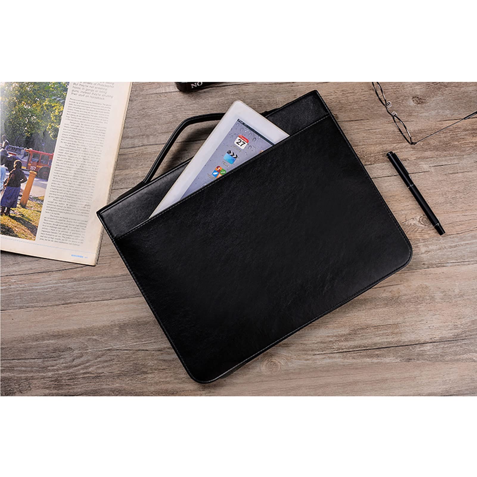 Padfolio A4 Biznesowe Portfolio Wielofunkcyjny Notatnik Skórzany Zamek Segregator Konferencyjny Teczka na dokumenty Profesjonalny Planer Dokumentów Osobisty Organizator dla Mężczyzn Kobiet (Kolor: Czarny)
