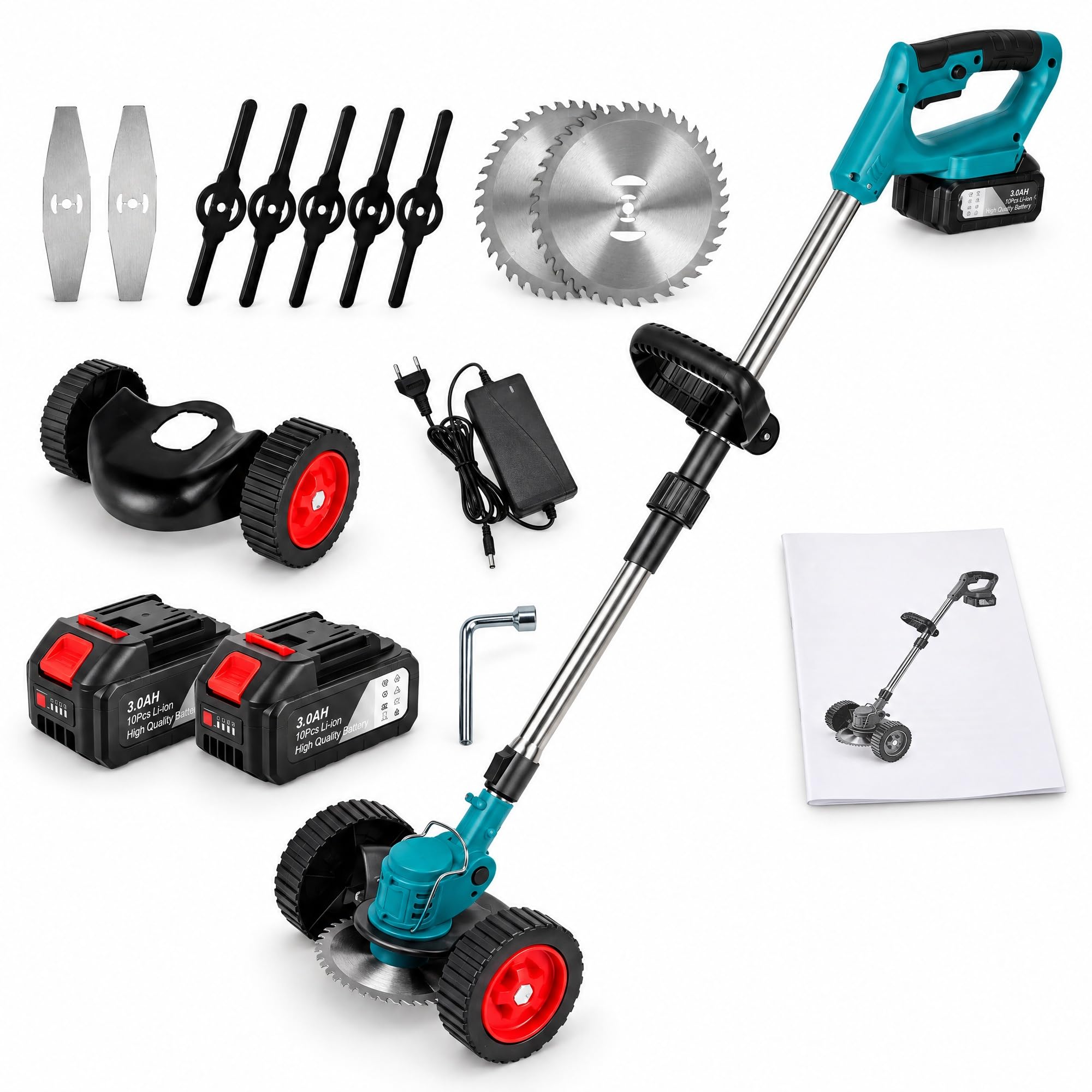 Decespugliatore a Batteria 21V con Ruote, 2 Batterie 4.0Ah Incluse