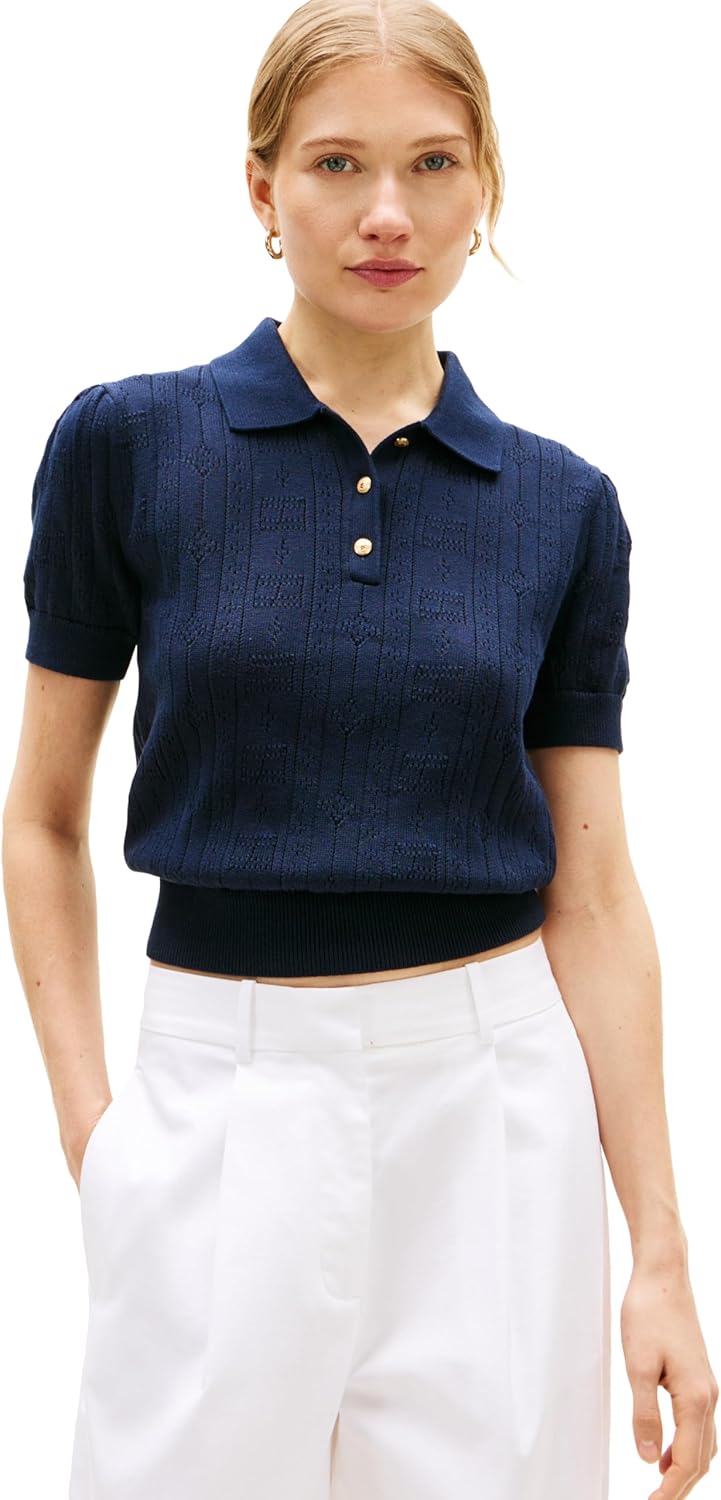 Tommy Hilfiger Women's Short Sleeve Cotton Polo Sweater Pointelle Knit Cropped Polo Shirt with Puff Sleeve