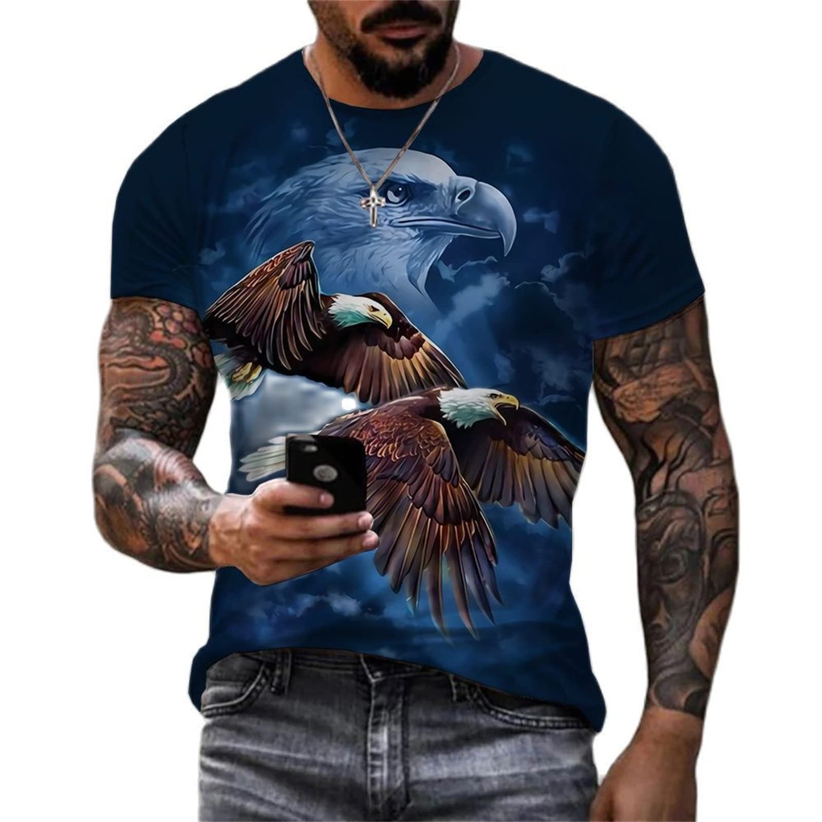 Men's American Flag and Eagle Print T-Shirt Short Sleeve Polyester Fiber T-Shirt