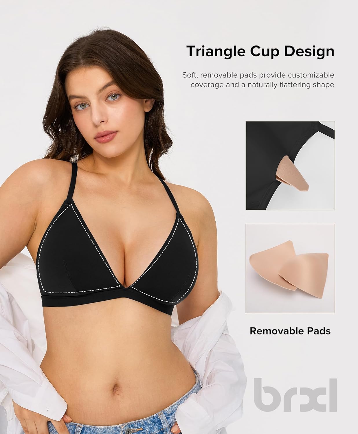 BRXL Triangle Strappy Sports Bra Adjustable Spaghetti Straps Deep V-Neck Padded Low Impact Wireless Fitness Yoga Workout