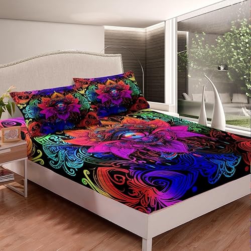 Miniatura 4 de Erosebridal Juego de sábanas de tamaño Queen con diseño de flor de loto bohemio, diseño de mandala neón, oriental Fátima Hamsa, juego de sábanas