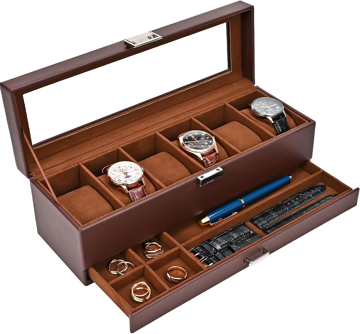 ProCase Watch Box, Fathers Day Gift for Dad, 6 Slot Watches Display Case with Drawer, Mens Watch Case with Glass Lid, 2-Layer Mens Jewelry Organizer Storage Holder -6 Slot, Espresso