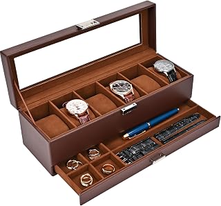 ProCase 6-Slot Espresso Watch Box with Drawer & Glass Lid - Premium 2-Layer Men's Watch Display Case & Jewelry Organizer